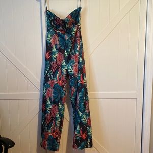 Tropical Print V-Cut Straight Leg Jumpsuit